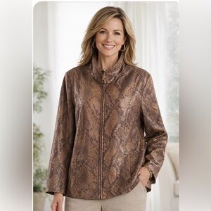 Alfred Dunner Brown Shimmer Faux Snakeskin Full Zip Jacket Size 16